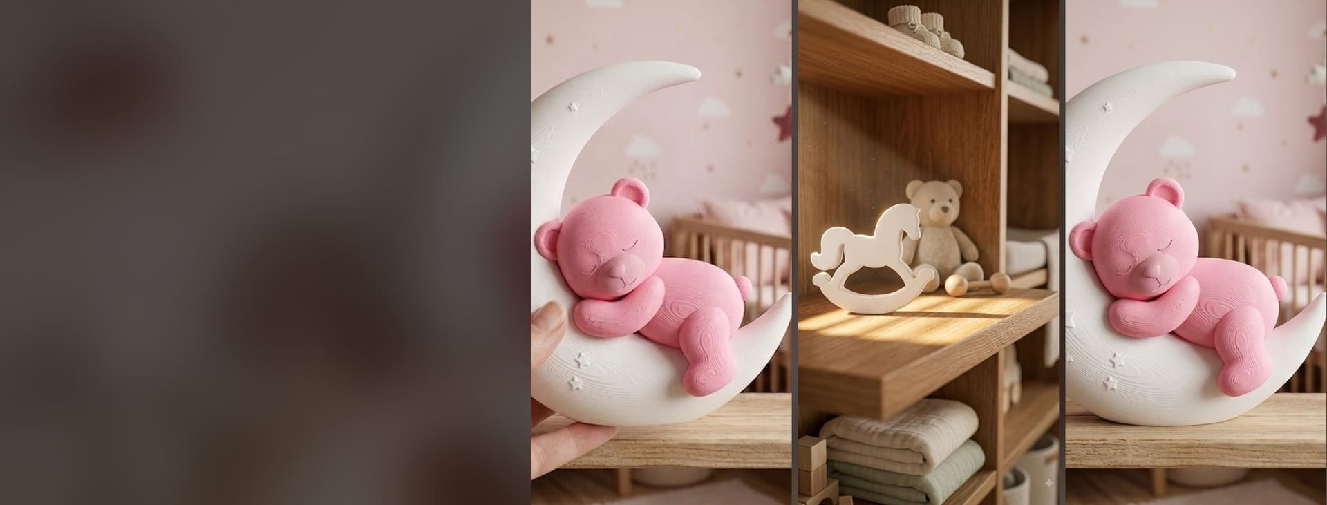Ursinho na Lua e Cavalinho Ninho, decoração de quarto de bebê da Voxaria3D
