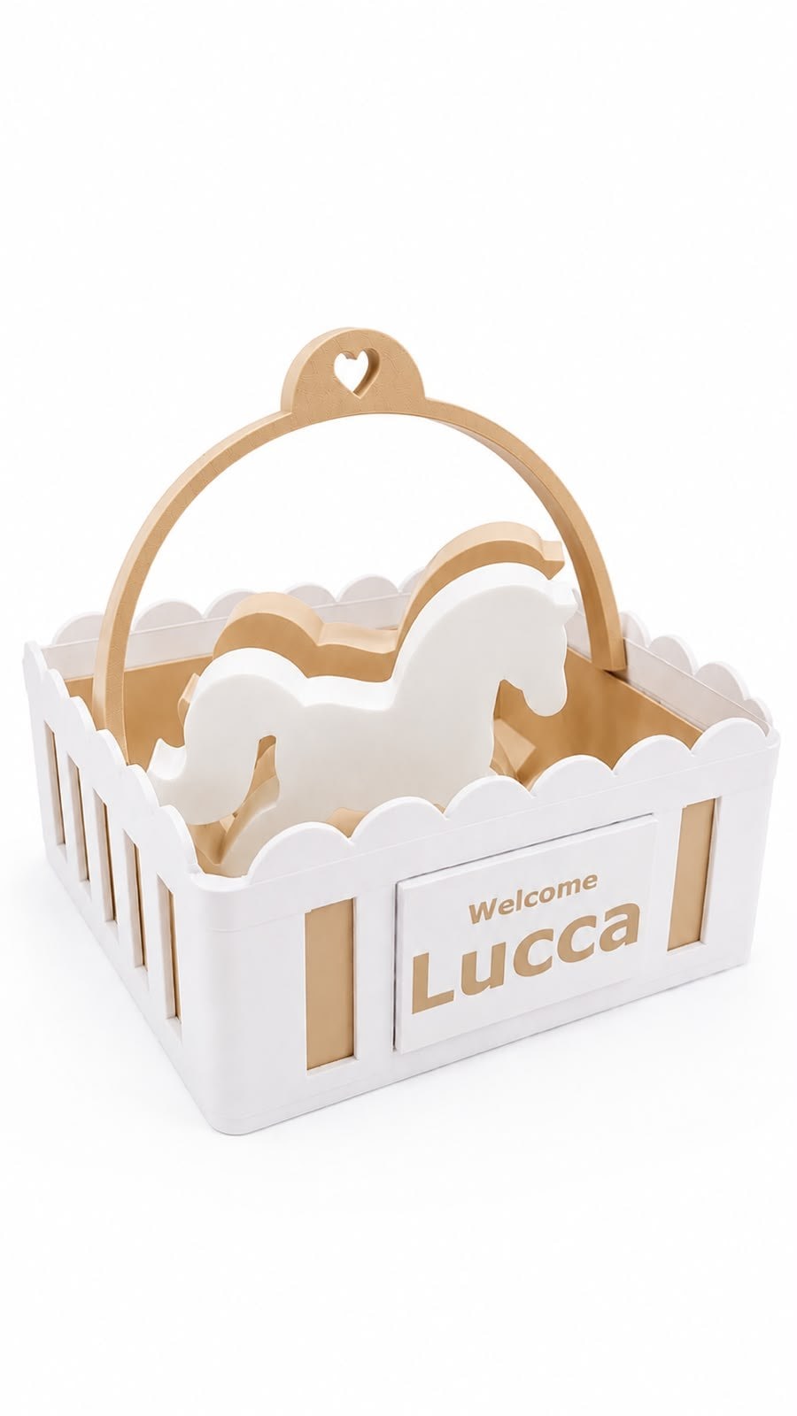 Kit Boas-Vindas bege com dois cavalinhos e placa Welcome Lucca em relevo